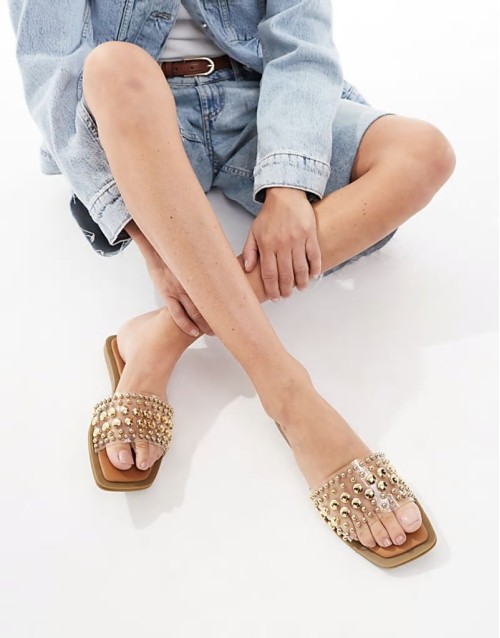 Honeysuckle Wide Fit flat sandal with studded strap in clear