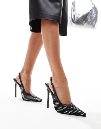 Simmi London Lailla Heeled slingback court shoe in black mesh diamante