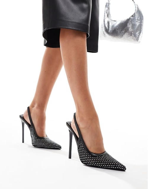 Simmi London Lailla Heeled slingback court shoe in black mesh diamante