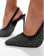 Simmi London Lailla Heeled slingback court shoe in black mesh diamante