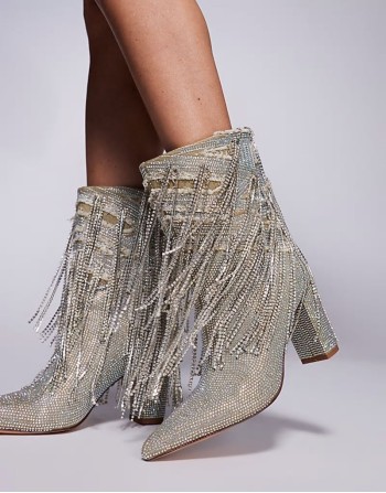 Relentless embellished fringe heeled ankle boots in silver
