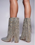 Relentless embellished fringe heeled ankle boots in silver