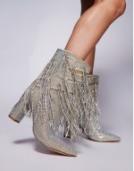 Relentless embellished fringe heeled ankle boots in silver