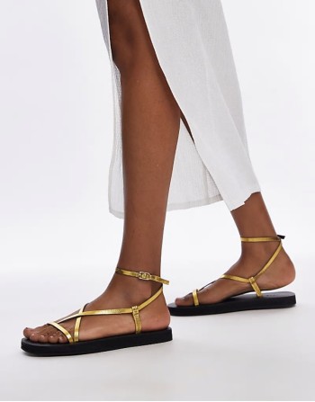 Jules leather minimal strappy flat sandals in gold
