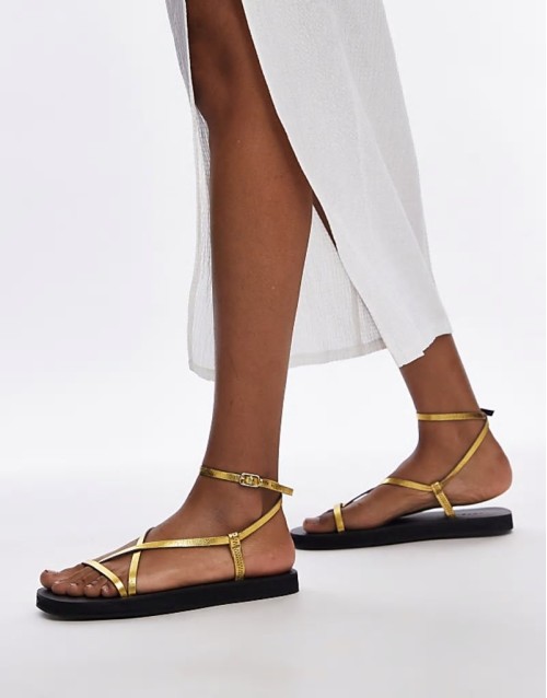 Jules leather minimal strappy flat sandals in gold