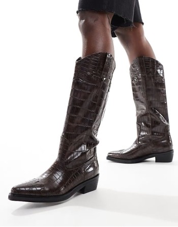 ‌Stylish Apollop western knee boots in brown croc