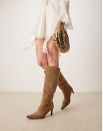 suedette kitten heel knee boot in camel