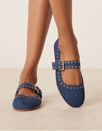 Larson eyelet mary jane ballets in dark blue denim