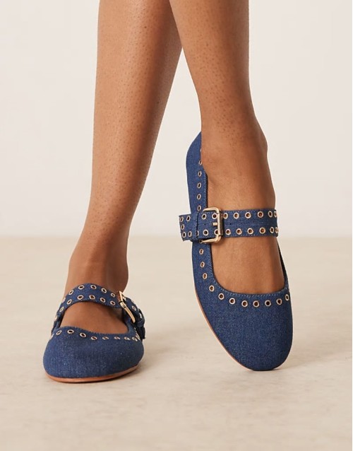 Larson eyelet mary jane ballets in dark blue denim