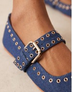 Larson eyelet mary jane ballets in dark blue denim
