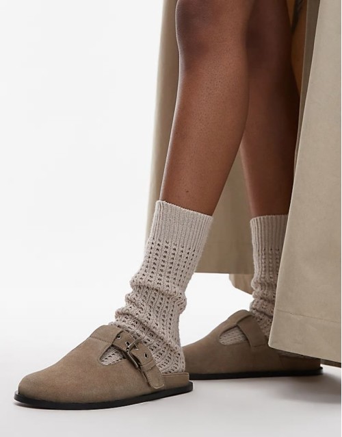 Annie leather buckle clog in taupe suede