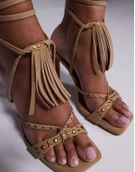 Neigh fringe detail high heeled sandals in sand