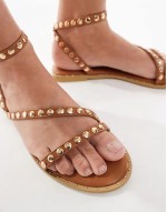 flat sandals with studded staps in tan