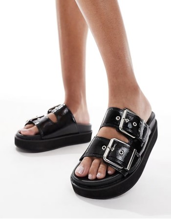 PU double strap flatform sandal in black