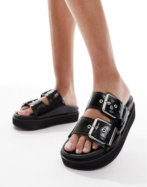 PU double strap flatform sandal in black