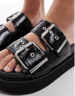 PU double strap flatform sandal in black